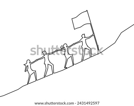 Draw a line leading the team walking up the mountain. business concept 