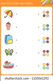 Draw Line To Match Each Picture And Color. - Worksheet For Education