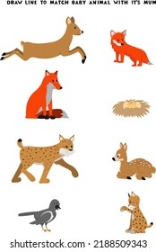 Draw line from mother to baby cute cartoon vector illustration with forest animals. Activity page for kids. . Matching game for children.