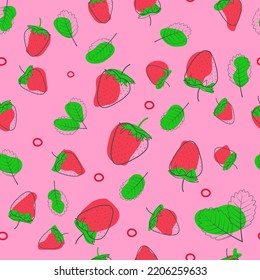 Draw a line Seamless pattern Strawberry consists of strawberry balls of various sizes. leaves of strawberry It is a red fruit. put on a pink background