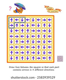 Draw lines between the squares so that each part contains arrows in 4 different directions. Logic puzzle for children. Educational game. Brain teaser book. Developing counting skills. Vector image.