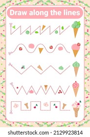 Draw the lines! Cut out with scissors. Pink-mint ice cream, ice cream. Childish sweet, yummy vector template for educationbooks, educational learning.
