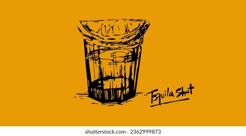 Draw lines of tequila shot with lemon.
 orange background vector