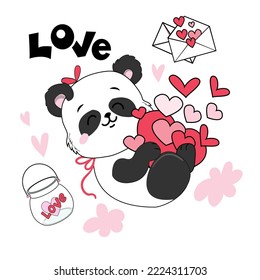 Draw little panda in kawaii style. Valentine's Day card. Vector illustration cartoon doodle style