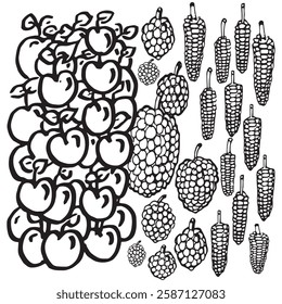 Draw lots of apples and berries. The apple is on the left side of the image and the berries and corn are on the right side