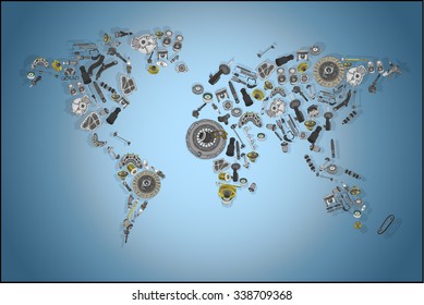 Draw a map of the world made up of spare parts. Spare parts for shop, aftermarket, OEM. Map with spare parts. New spare parts for shop. Many auto spare parts for map. Isolated auto spare parts. Map