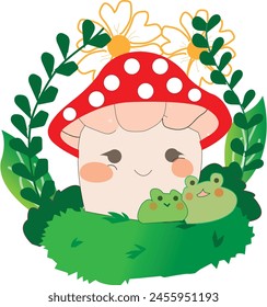 draw mashroom with two frog cartoon illustration