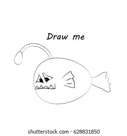 Draw me - vector illustration of sea animals. The angler fishcoloring game for children.