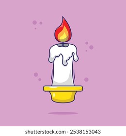 Draw melted white candle burning. Flat cartoon vector antique romantic candle light illustration