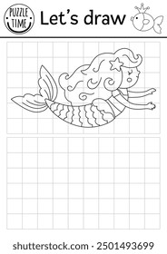 Draw the mermaid. Vector ocean kingdom drawing practice worksheet with sea princess. Underwater printable black and white activity for kids. Marine copy or complete the picture coloring page
