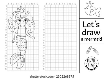 Draw the mermaid. Vector ocean kingdom drawing practice worksheet with sea princess and grid with numbers. Underwater printable line activity for kids. Marine copy the picture coloring page
