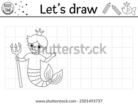 Draw the merman. Vector ocean kingdom drawing practice worksheet with sea prince. Underwater printable black and white activity for kids. Marine copy or complete the picture coloring page
