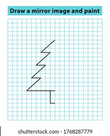 Draw a mirror image and paint. Christmas tree copy and paint a picture, an educational game for preschoolers, children (children). Complete the picture. Copy the picture. Coloring book. Copy by grid.