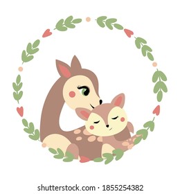 Draw mom deer and baby with beauty flower frame on white.For mother'day.Doodle cartoon style. Vector illustration of beautiful and cute cartoon deers. New born Fawn with Mom. Character animal. 