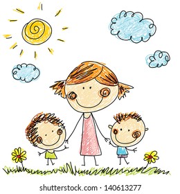 draw mother child children cartoon son painting hand sketch daughter happy family draw mother child children cartoon son painting hand sketch daughter color colour cute summer kid family group life sp