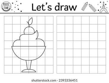 Draw the mousse. Vector France themed drawing practice worksheet with cute dessert. Printable black and white activity for kids. French copy or complete the picture coloring page
