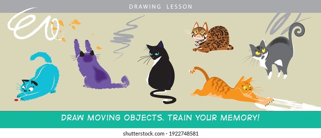 Draw moving objects. Train your memory! Drawing lesson for children. Worksheet with cartoon characters. Vector illustration. 