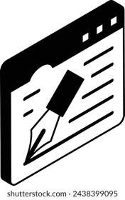 Draw on Page using pen isometric concept, toolbar button for writing text vector outline icon, Webdesign and Development symbol, user interface or graphic sign, website engineering stock illustration