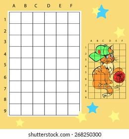 Draw on the squares. A cute cartoon cat. Vector illustration