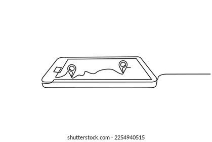 Draw one continuous line from a cell phone operating a Google map. a cell phone and directions and location. Simple pin between two points in thin Linear style. Gps Navigation and Travel concept.