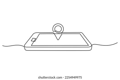 Draw one continuous line from a cell phone operating a Google map. a cell phone and directions and location. Simple pin between two points in thin Linear style. Gps Navigation and Travel concept.