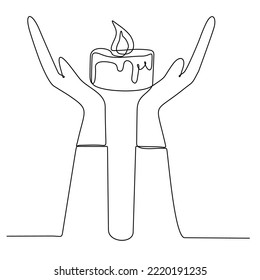 
Draw one continuous line. Hand holding a burning candle. Vector illustration.