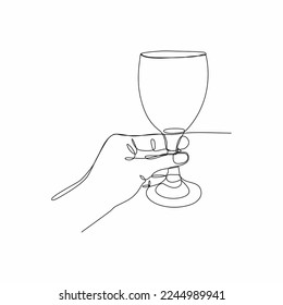 Draw one continuous line. Hand holding with wine glass. Vector illustration