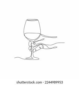 Draw one continuous line. Hand holding with wine glass. Vector illustration