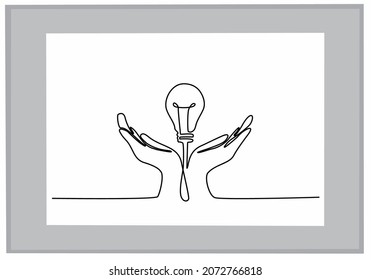 
Draw one continuous line. The palms of the hands together with the light bulb. Vector illustration of black and white background.