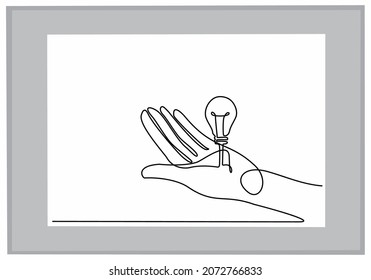 
Draw one continuous line. The palms of the hands together with the light bulb. Vector illustration of black and white background.