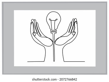 
Draw one continuous line. The palms of the hands together with the light bulb. Vector illustration of black and white background.