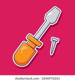 Desenhe a chave de fenda laranja e a ilustração do parafuso o equipamento de reparação da construção do metal com a alça plástica boa para o trabalhador profissional