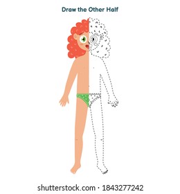 Draw the other half educational game for kids. Dot to dot activity page. Connect the dots and draw a girl.  Body parts puzzle. Vector illustration