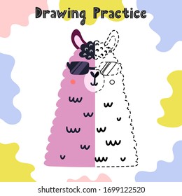 Draw the other half of funny llama face. Copy the other side of alpaca. Drawing practice activity worksheet for kids. Trace animal game for children. Improve motor skills. Vector illustration