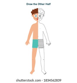 Draw the other half game for kids. Dot to dot activity page. Connect the dots and draw a boy.  Body parts puzzle. Vector illustration