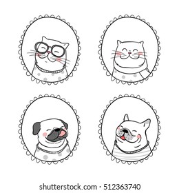 Draw outline vector illustration of pug dog,cat in frame.Doodle style.
