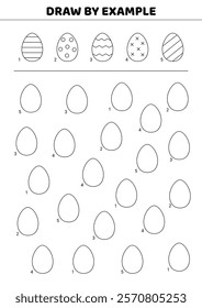 Draw pattern by example. Easter eggs. Visual perception black and white game for kids. Isolated vector illustration eps 10