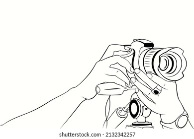 draw a photographic hand illustration with a camera. Minimalist vector design photography concept. line art, black and white