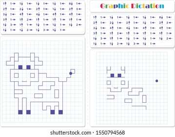 Draw a picture on the arrows. Cartoon graphic cow. Worksheet for kids