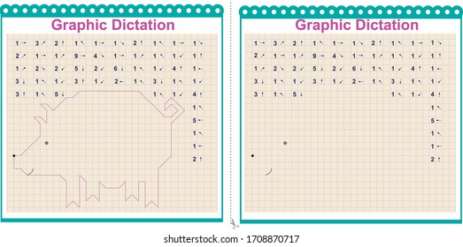 Draw a picture on the arrows. Cartoon graphic pig. Worksheet for children