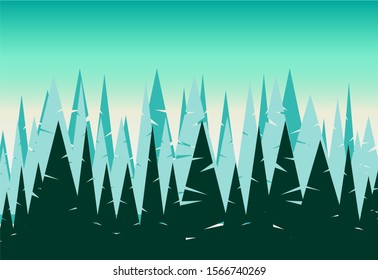 Draw a picture of a row of pine trees in the morning, with bluish-white clouds