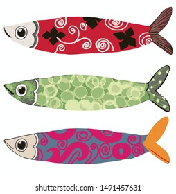 Draw picture,assembled into 3 fish vector,multicolored patterns