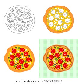 Draw a pizza in steps, from a simple outline to a color model. Vector image of the Pizza for illustrations on the theme of food, cafes and restaurants.