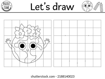 Draw the planet. Complete the picture. Vector ecological drawing practice worksheet. Printable black and white activity for kids with cute Earth. Eco awareness copy the picture coloring page
