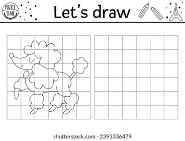 Draw the poodle. Vector France themed drawing practice worksheet with cute animal. Printable black and white activity for kids. French copy or complete the picture coloring page with pet dog 
