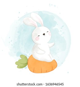 Draw rabbit sitting on carrot For Easter day.Isolated on white.