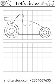 Draw the racing car. Vector transport drawing practice worksheet. Printable black and white activity for kids with speedy vehicle. Transportation copy or complete the picture coloring page
