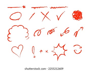 Draw red arrows and red lines with colored pencils illustration set. doodle, sketch, pointer, sign, highlight, marker symbol Vector drawing.