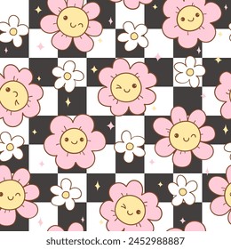 Draw retro checkered flowers seamless pattern Digital paper