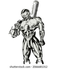 dibujo de un robot equipado con pistolas hechas en Ilustrator